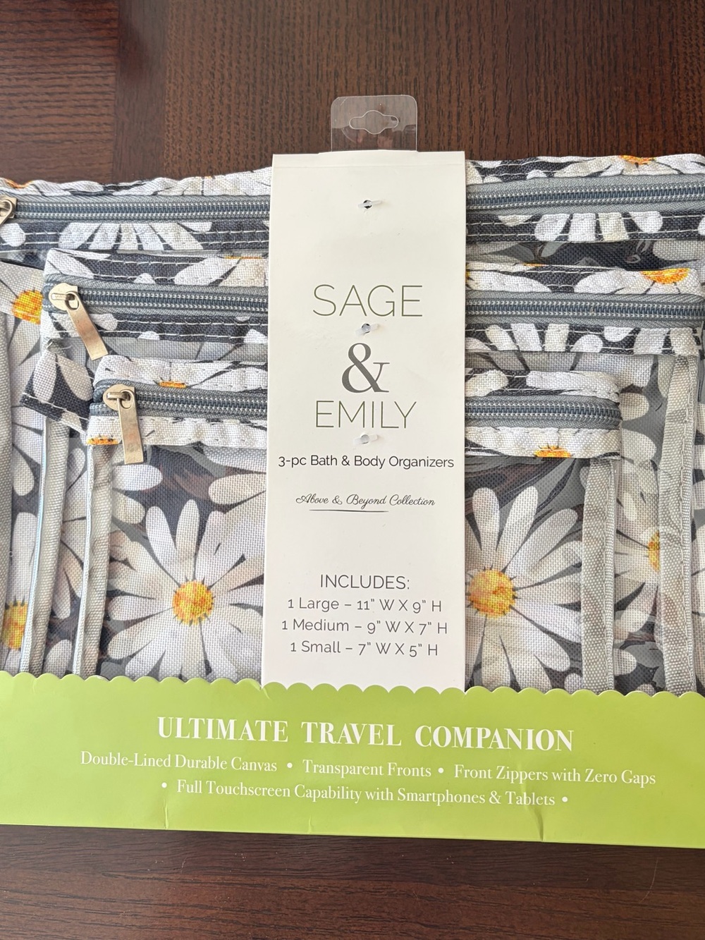 3 Sage & Emily Daisy Print Gray Travel Cosmetic Bags multiple sizes